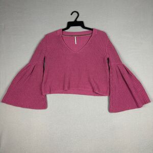 Free People Womens Small Damsel Cotton Flare-Sleeve Sweater Rose Pink Cotton